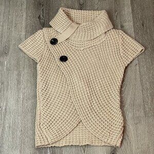 Pronto Beige Knit Sweater Vest Cowl Neck Button Detail Short Sleeves‎ One Size